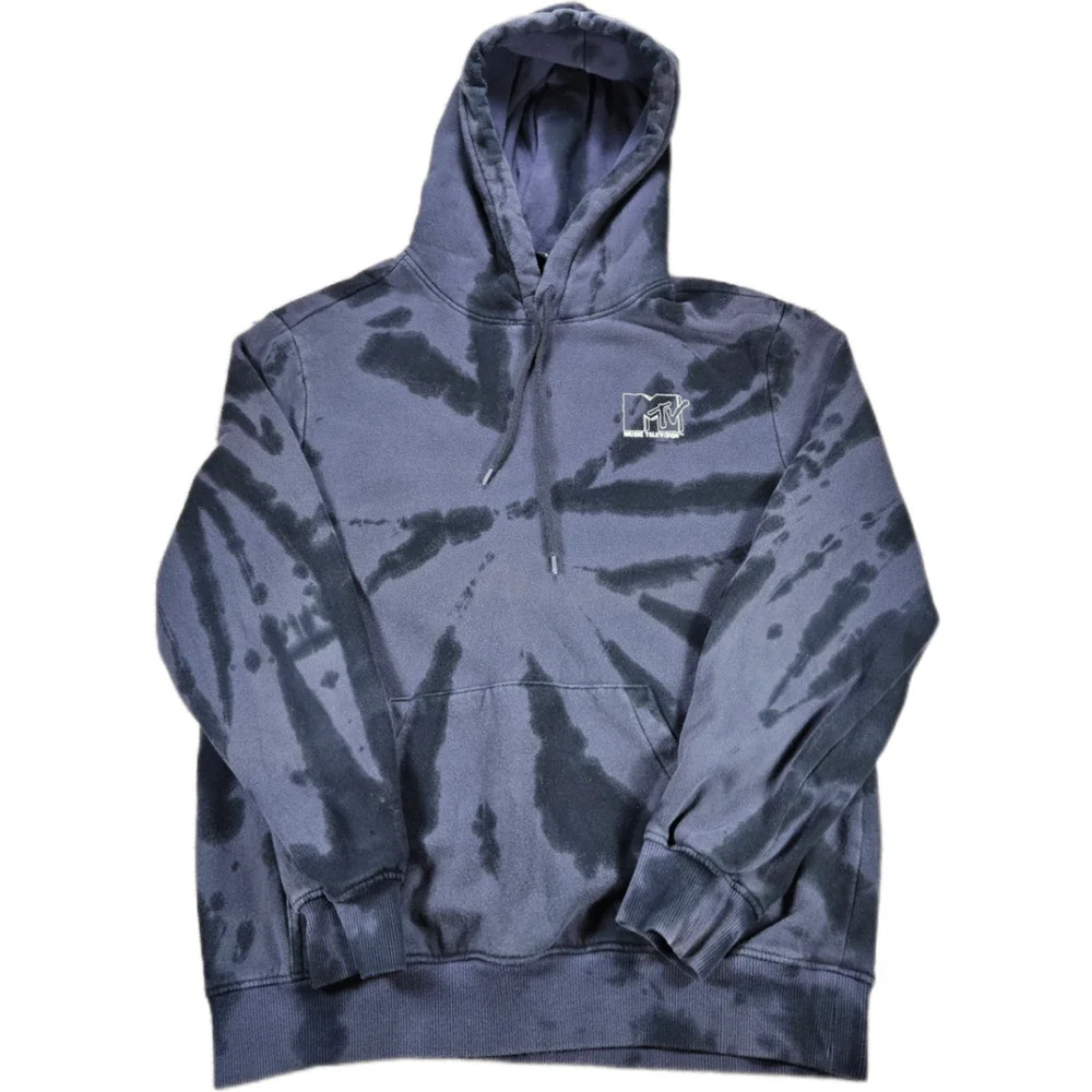 H&M MTV Hoodie Men's Black Gray Tie-Dye S Pullover Graphic Hooded Sweatshirt